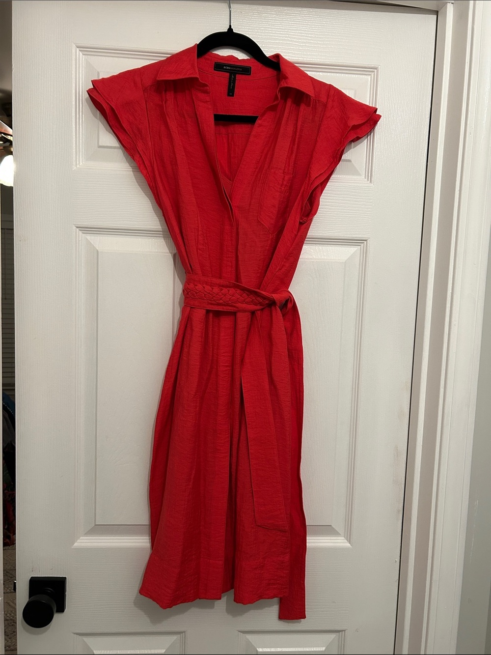 BCBGMaxAzria Red Shirt‑Style Belted Midi Dress